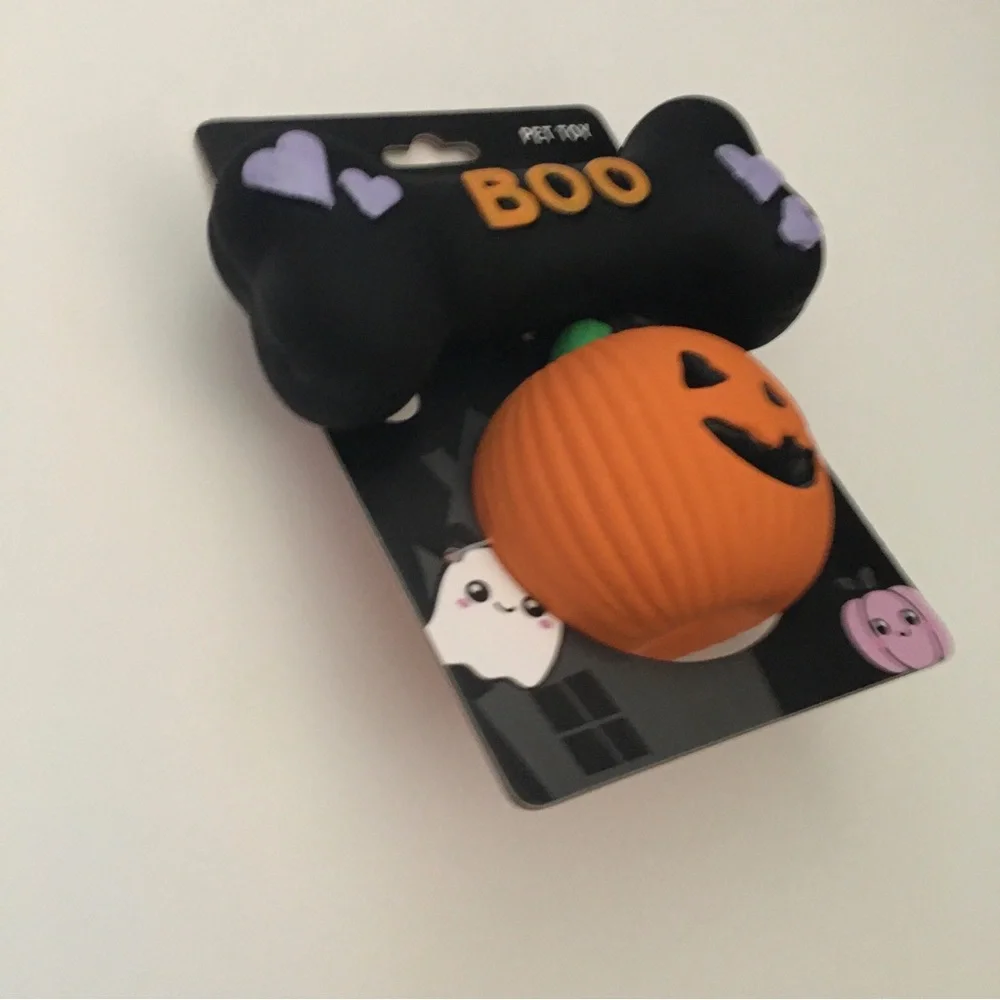 Dog Toys 2 Latex Halloween Pumpkin & 'BOO' Bone Toy Black & Orange NEW Booville